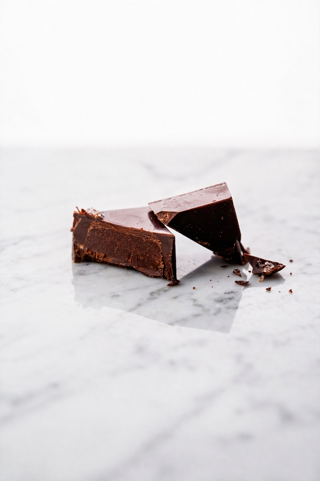 Broken chocolate bar on a marble surface