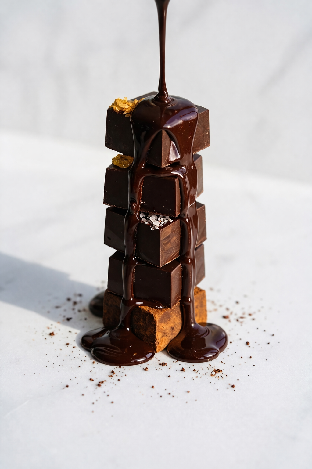 Stack of chocolate cubes with a drizzle of chocolate on a white background